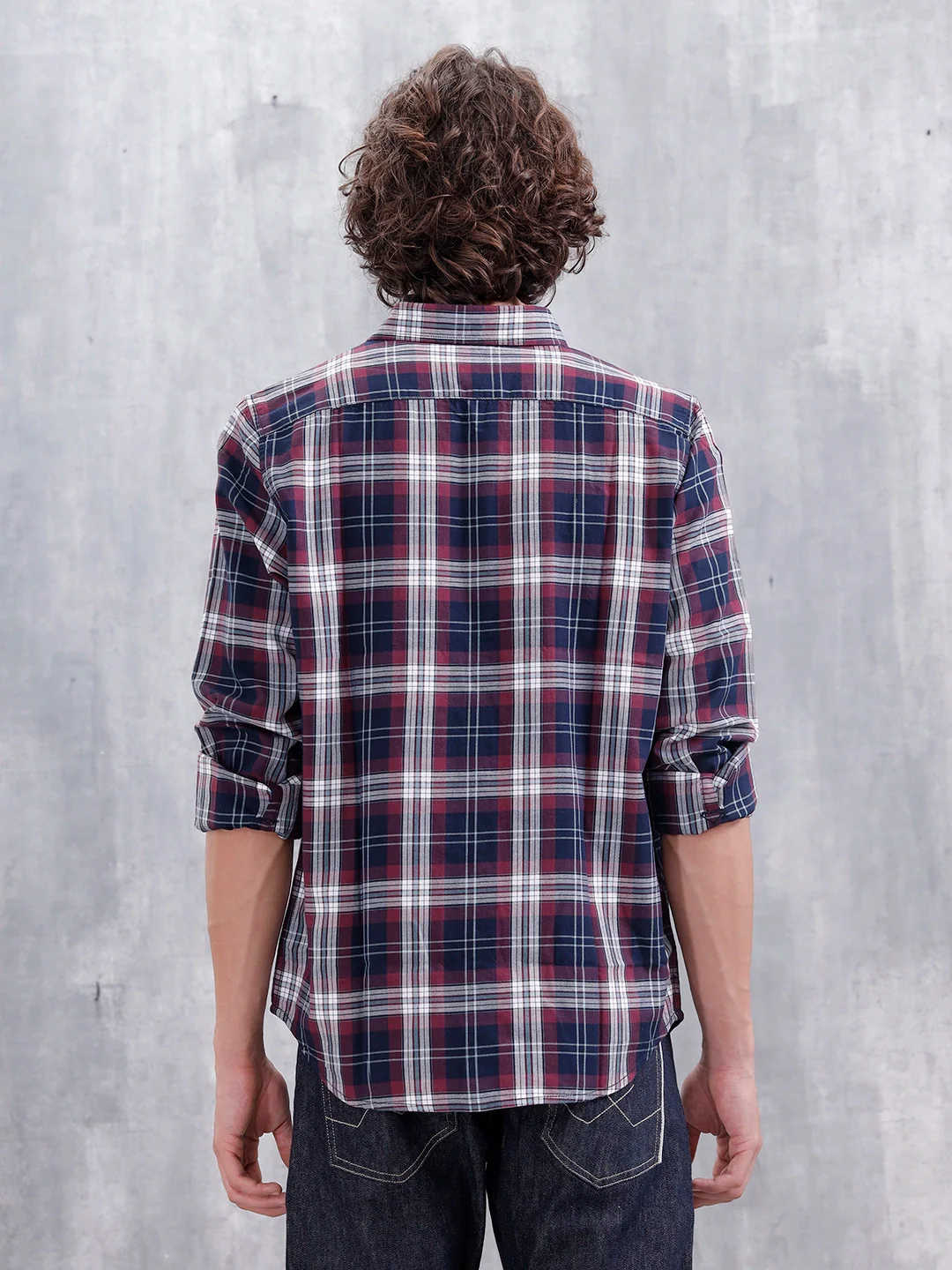 Slim Fit Cotton Indigo Twill Check Shirt | Maroon - Image 3