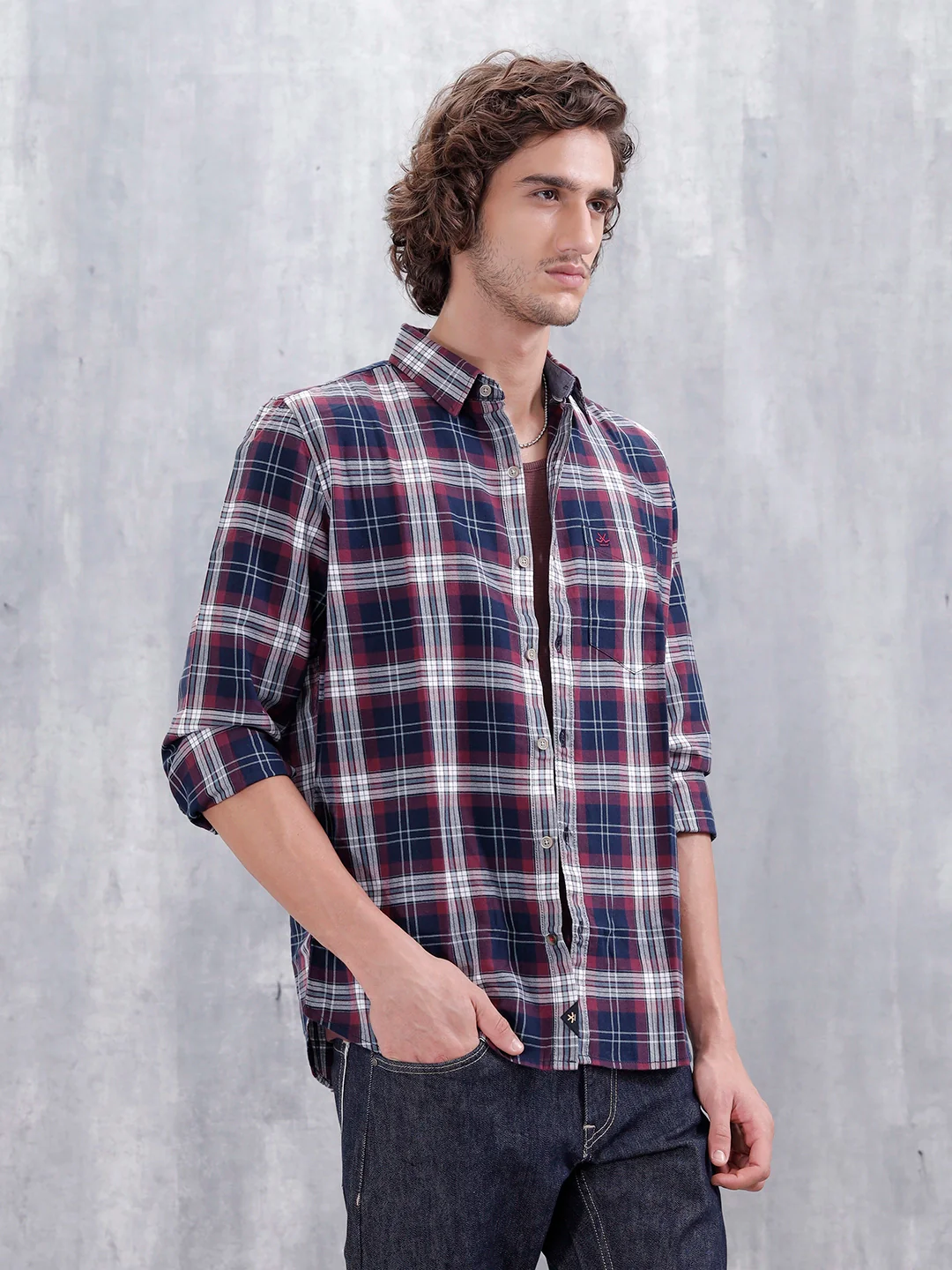 Slim Fit Cotton Indigo Twill Check Shirt | Maroon - Image 4