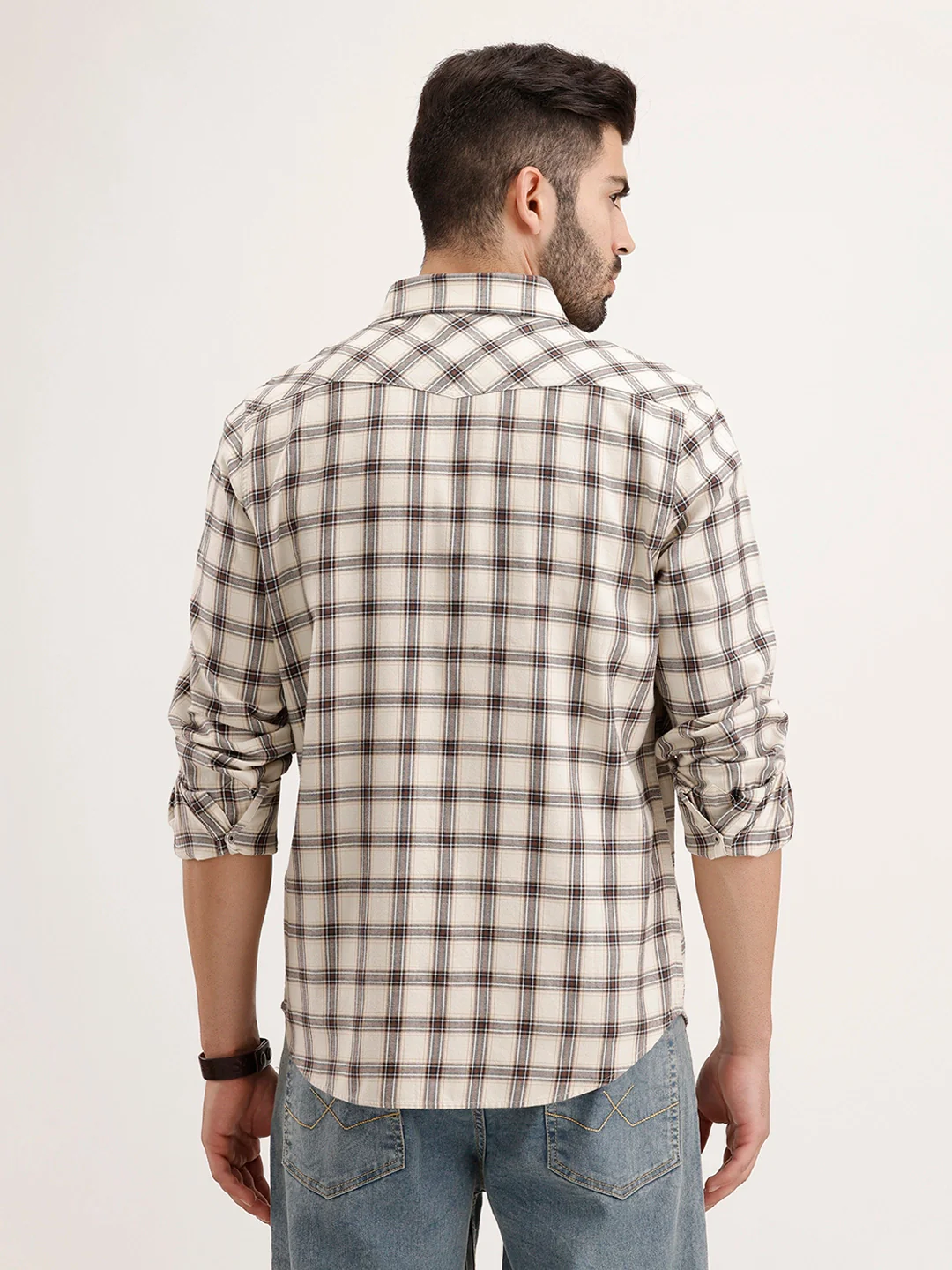 Slim Fit Double Pocket Checkered Shirt | Beige - Image 3