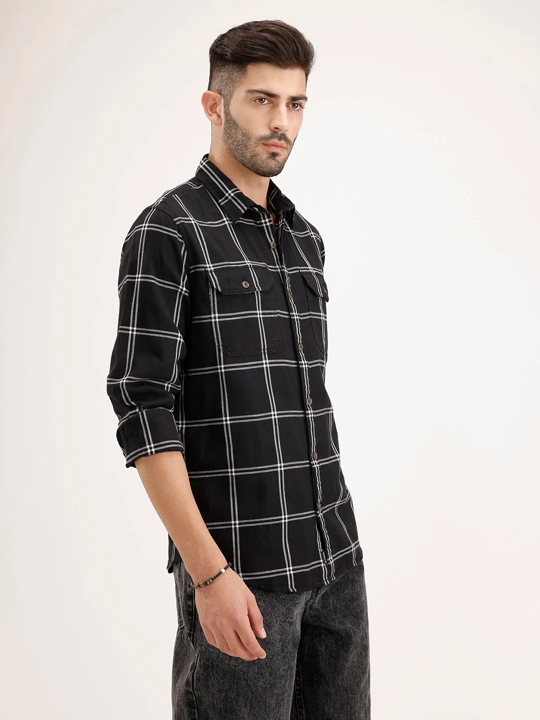 Slim Fit Double Pocket Checkered Shirt | Black - Image 4
