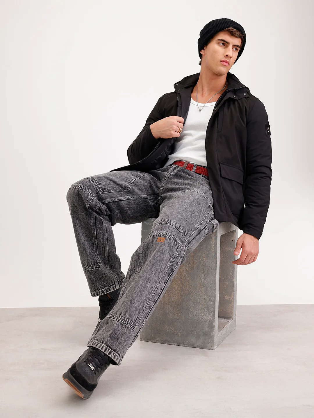 Slim Fit Double Pocket Hooded Jacket  | Black - Image 2