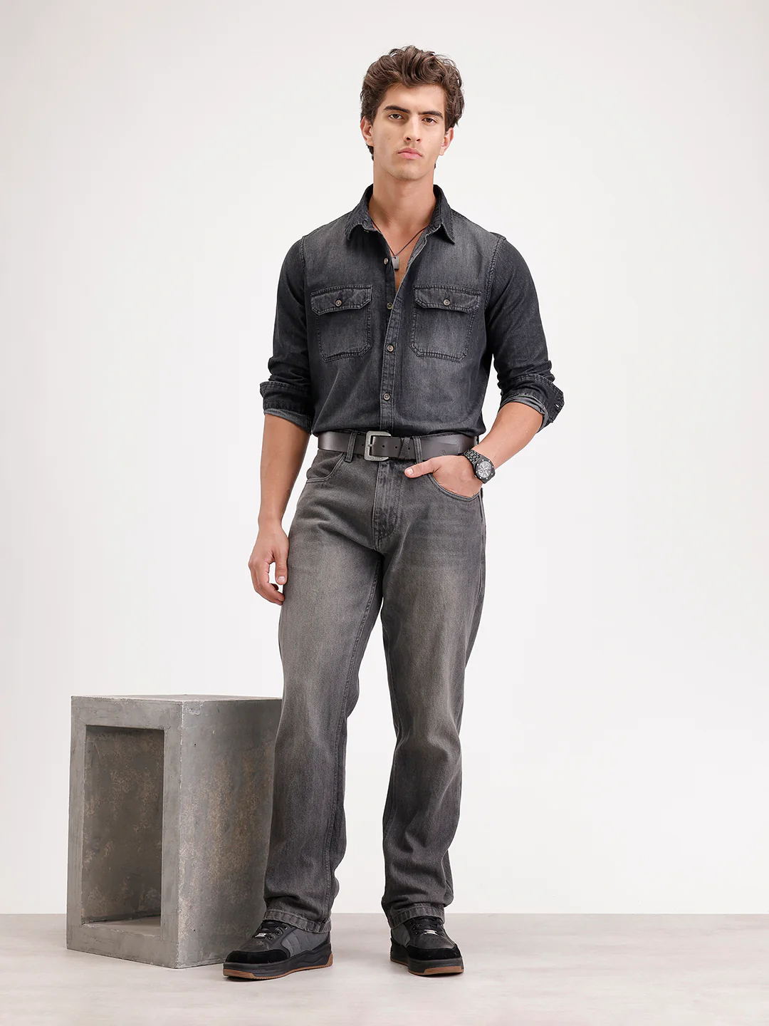 Slim Fit Faded Denim Shirt  | Black - Image 2