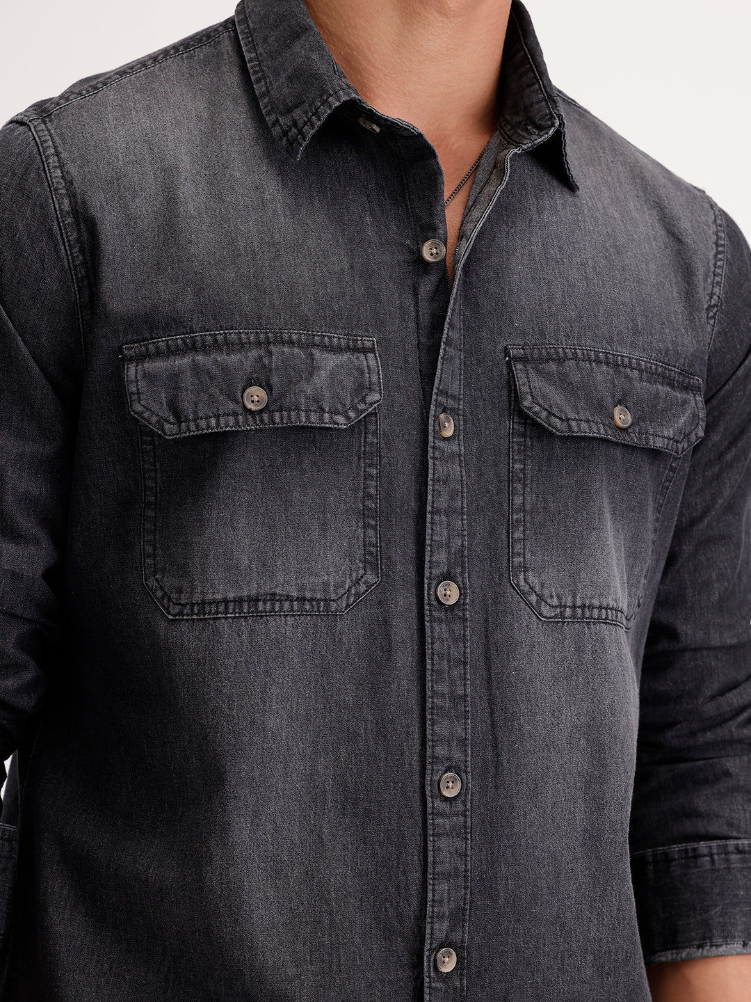 Slim Fit Faded Denim Shirt  | Black - Image 5
