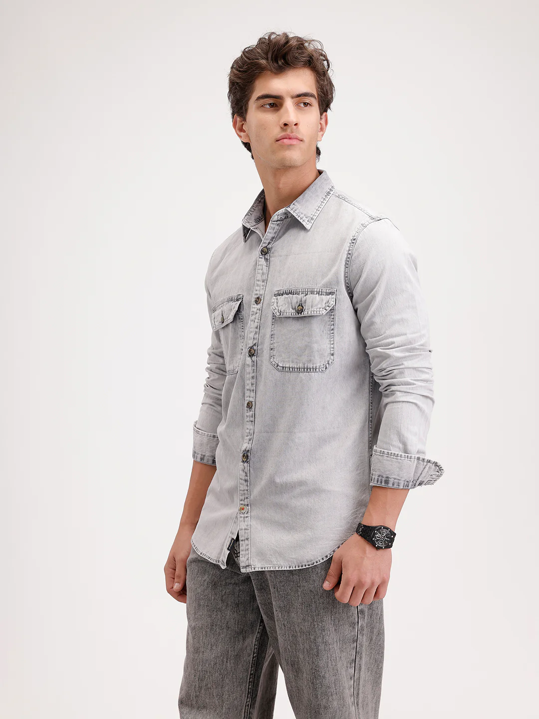 Slim Fit Faded Denim Shirt  | Grey - Image 4