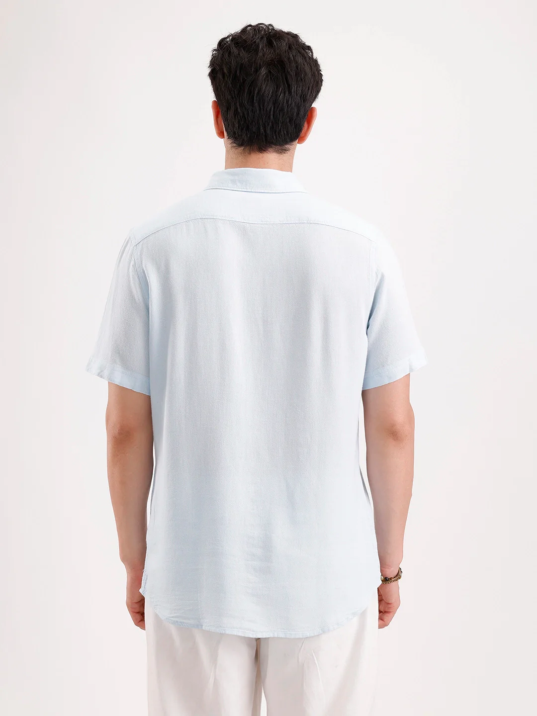 Slim Fit Half Sleeve Linen Blend Shirt  | Light Blue - Image 3