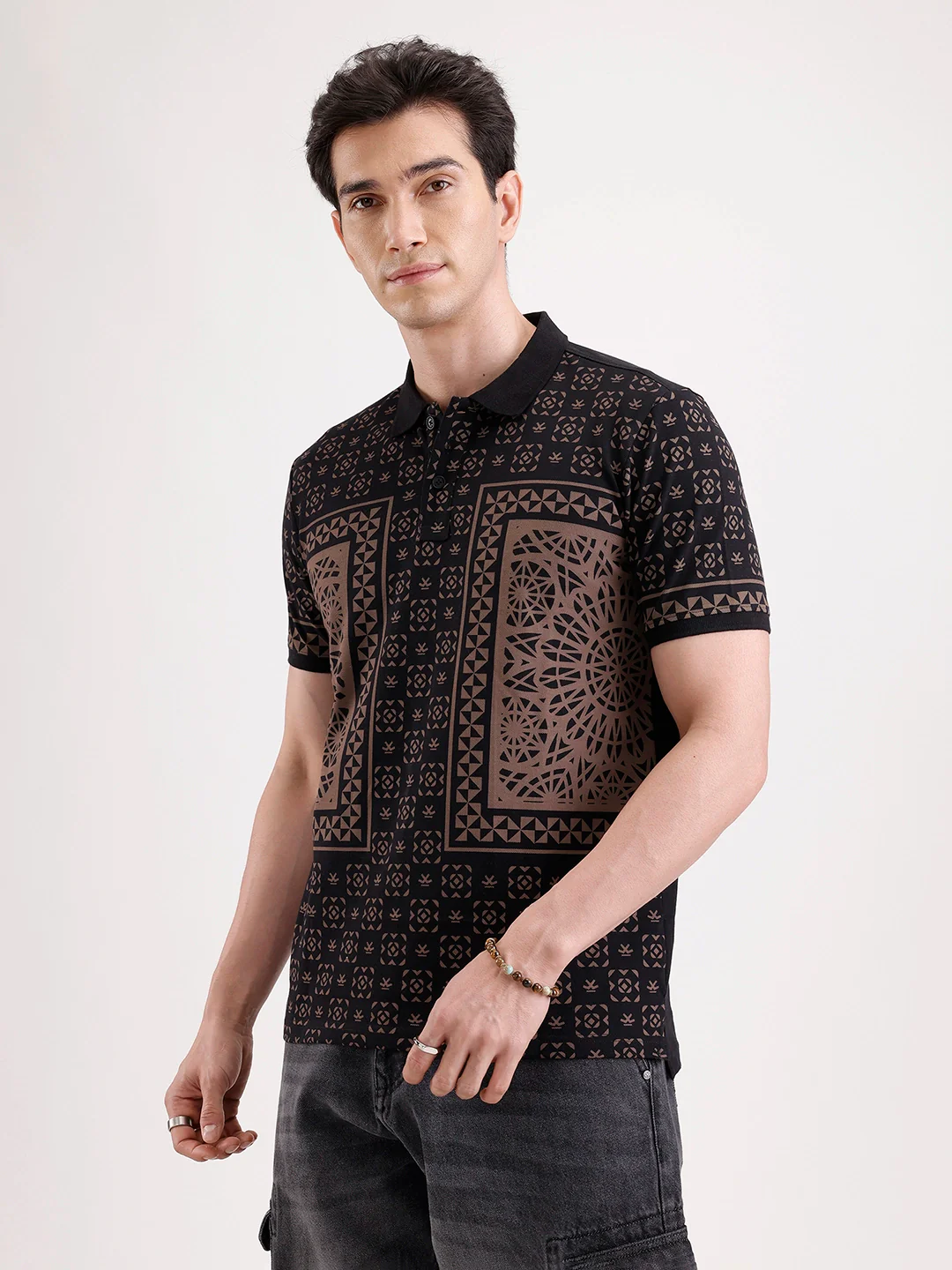 Slim Fit Pannel Printed Polo T-Shirt  | Black - Image 4