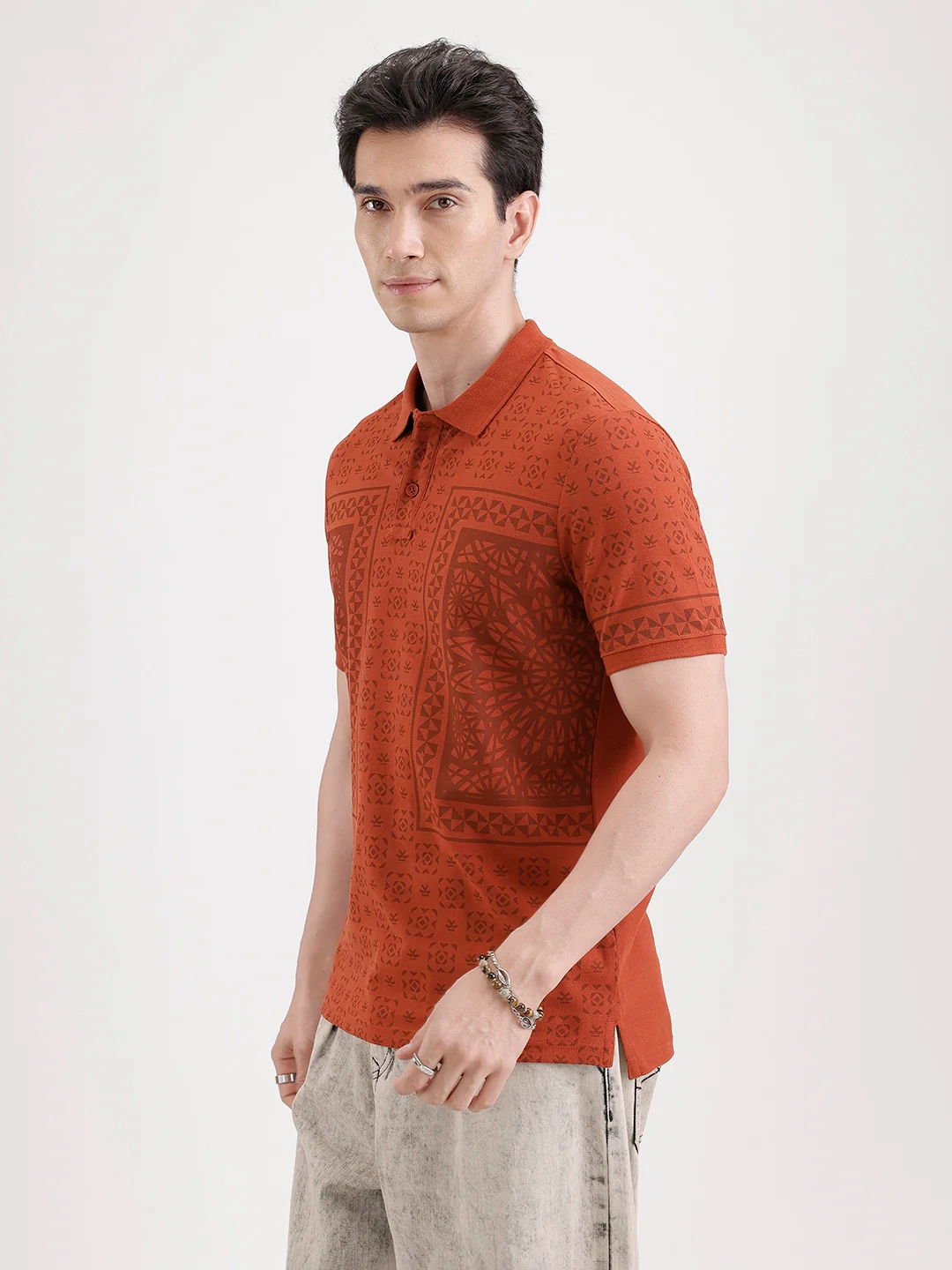 Slim Fit Pannel Printed Polo T-Shirt  | Rust - Image 4