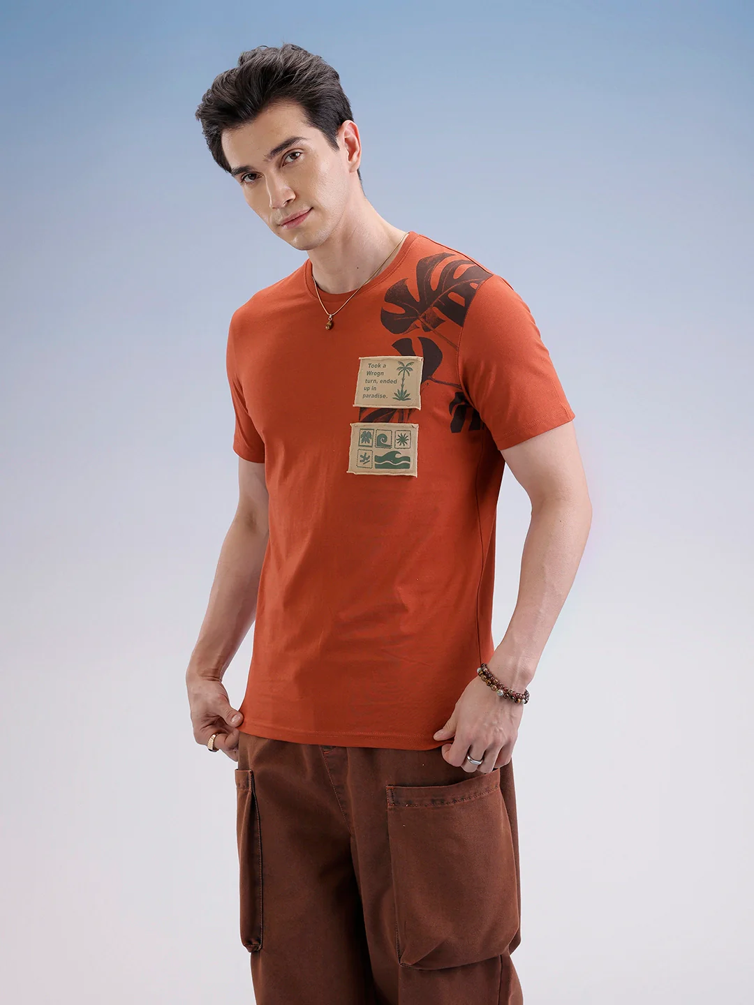 Slim Fit Placement Patch Printed T-Shirt  | Rust - Image 4