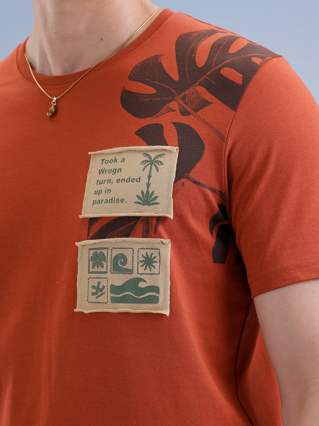 Slim Fit Placement Patch Printed T-Shirt  | Rust - Image 5
