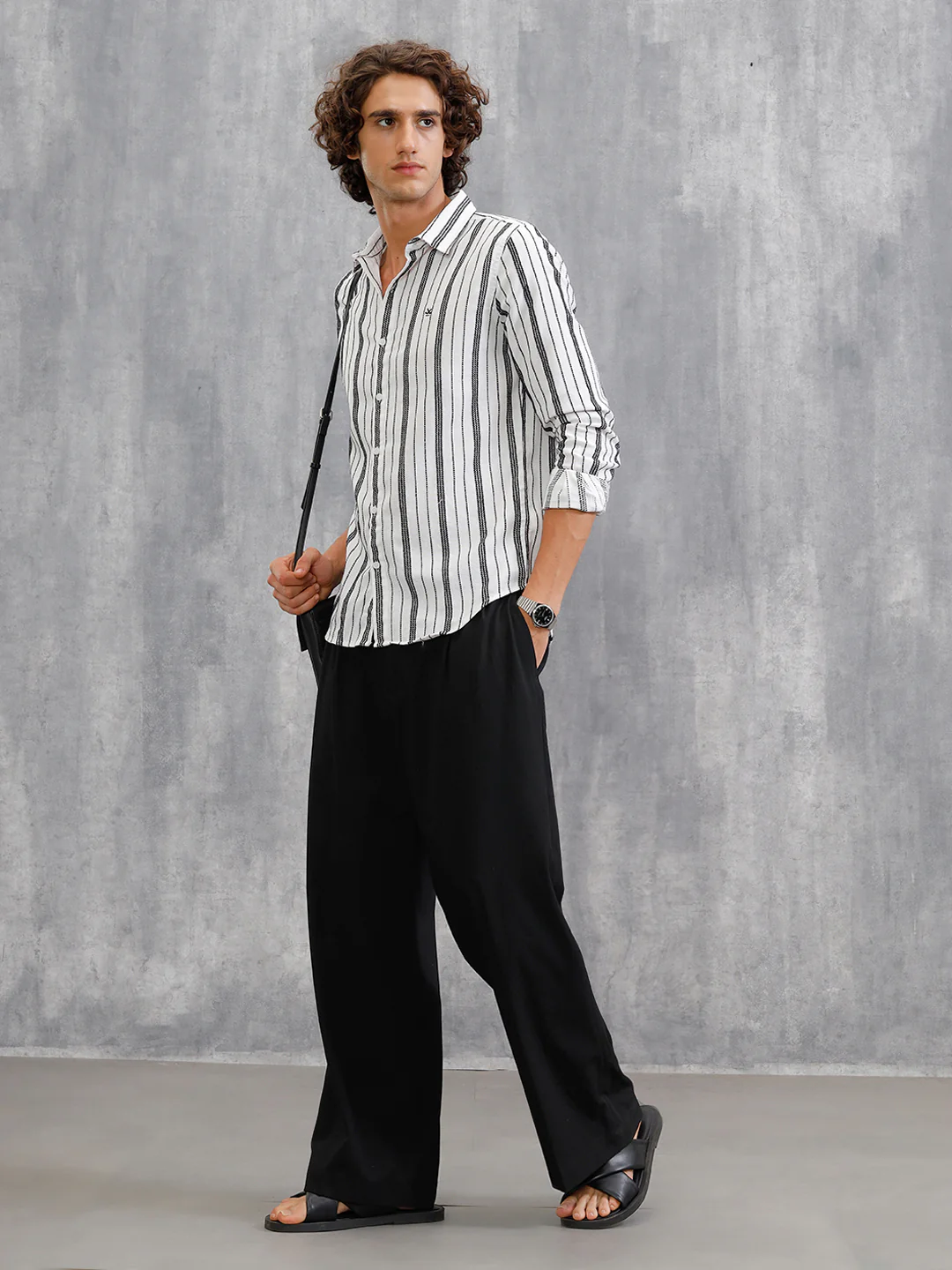Slim Fit Stripe Shirt In Chenille Yarn | White - Image 2