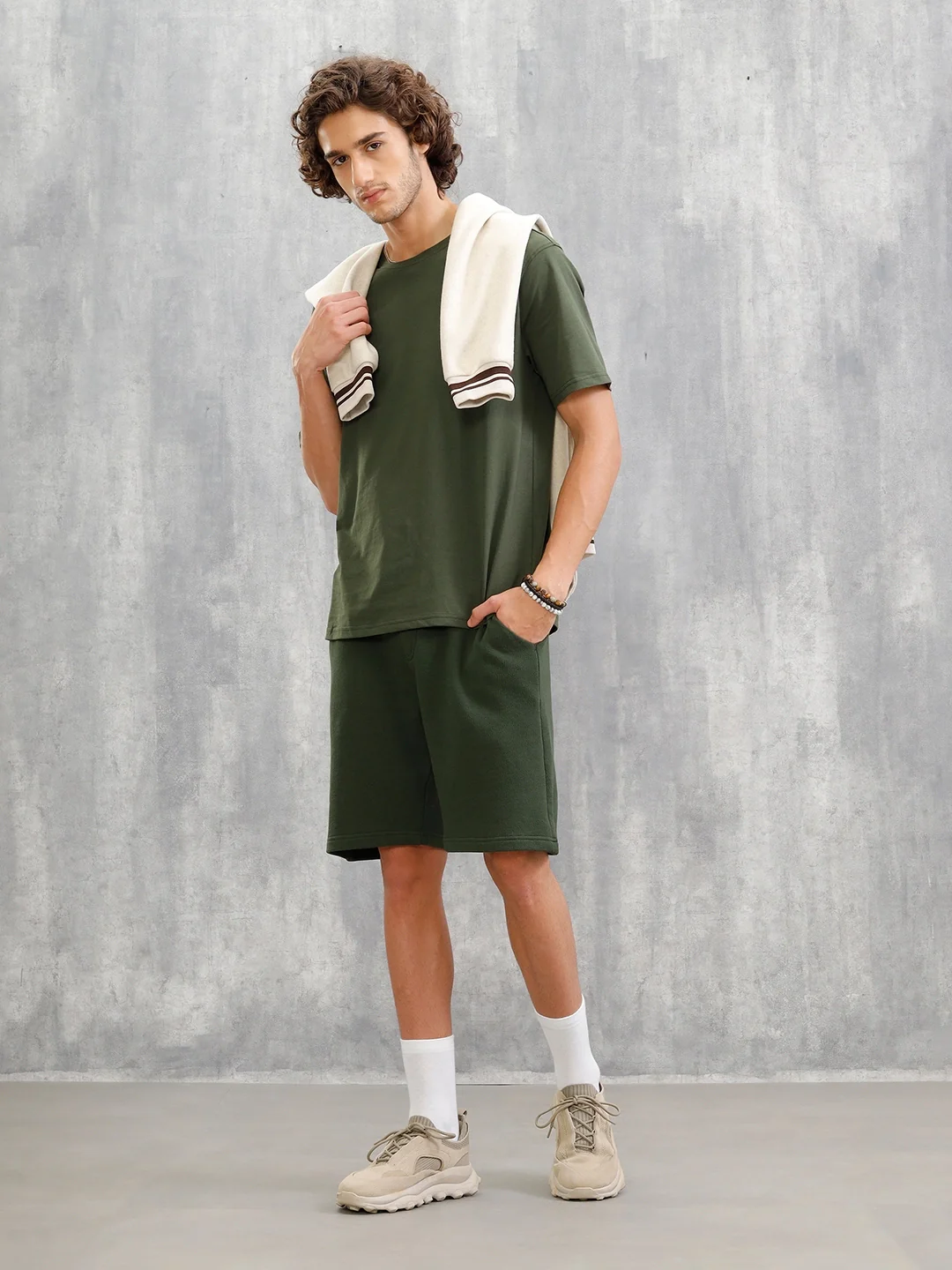 Slim Fit Terry Knitted Shorts | Olive - Image 2