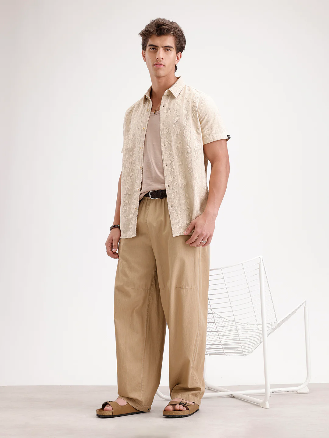 Slim Fit Textured Half Sleeve Shirt  | Cream - Image 2