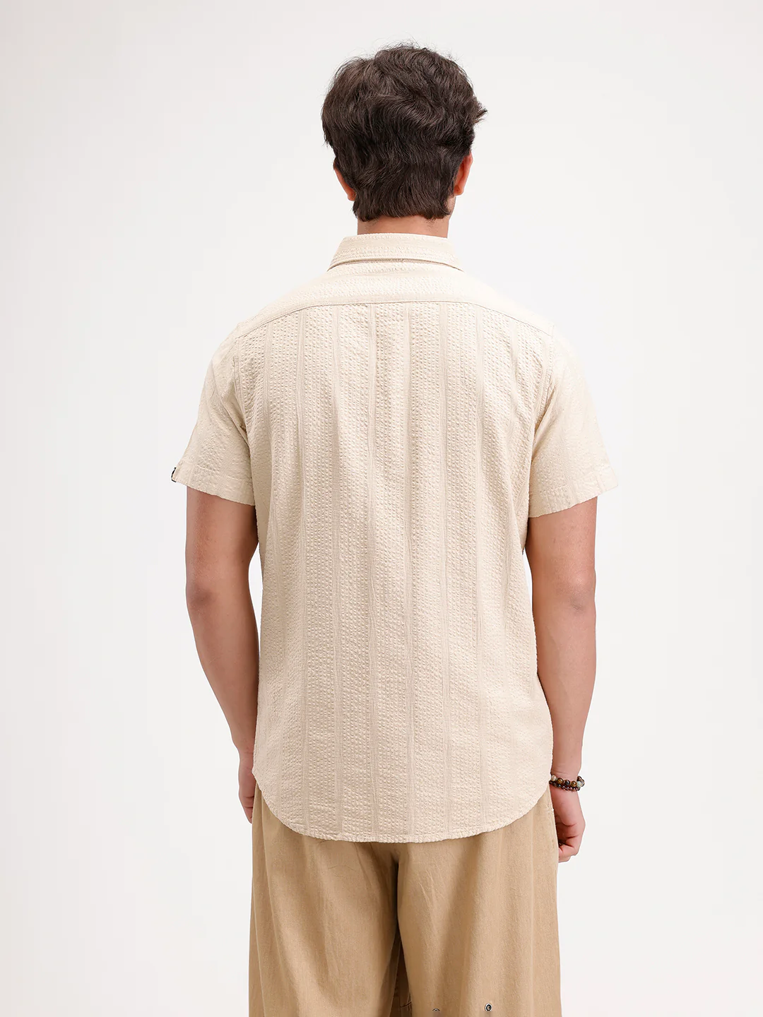 Slim Fit Textured Half Sleeve Shirt  | Cream - Image 3