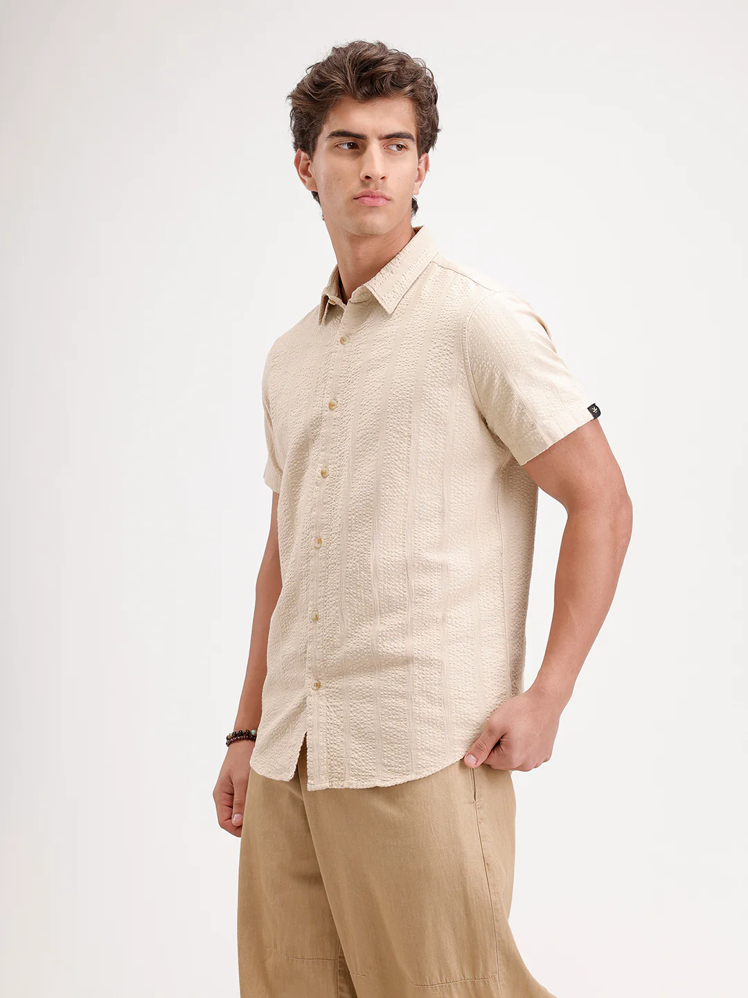 Slim Fit Textured Half Sleeve Shirt  | Cream - Image 4