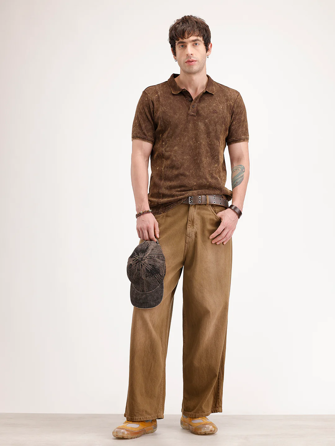 Slim Fit Washed Cut & Sew Polo T-Shirt | Brown - Image 2