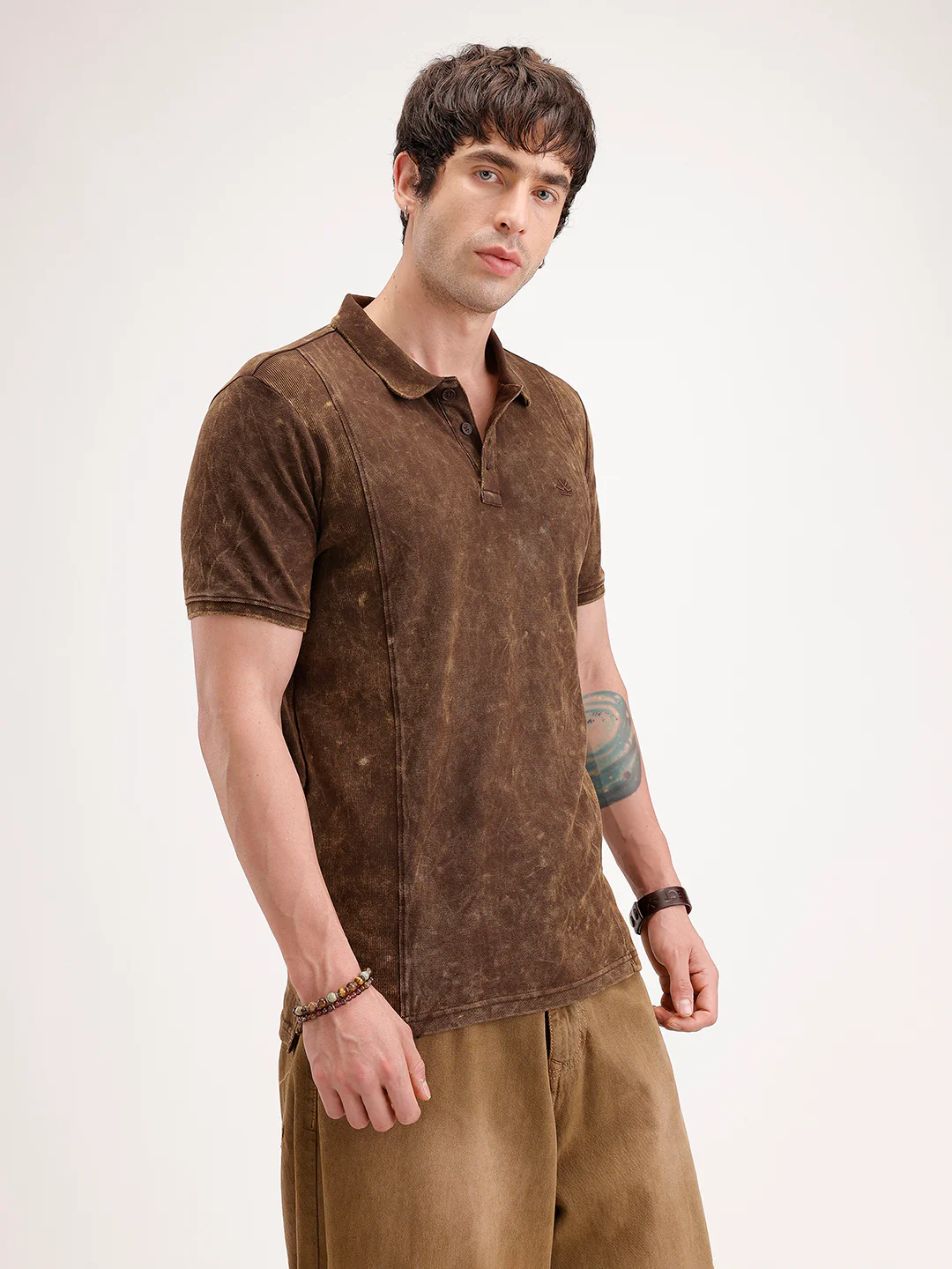Slim Fit Washed Cut & Sew Polo T-Shirt | Brown - Image 4