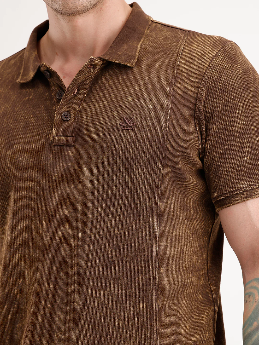 Slim Fit Washed Cut & Sew Polo T-Shirt | Brown - Image 5