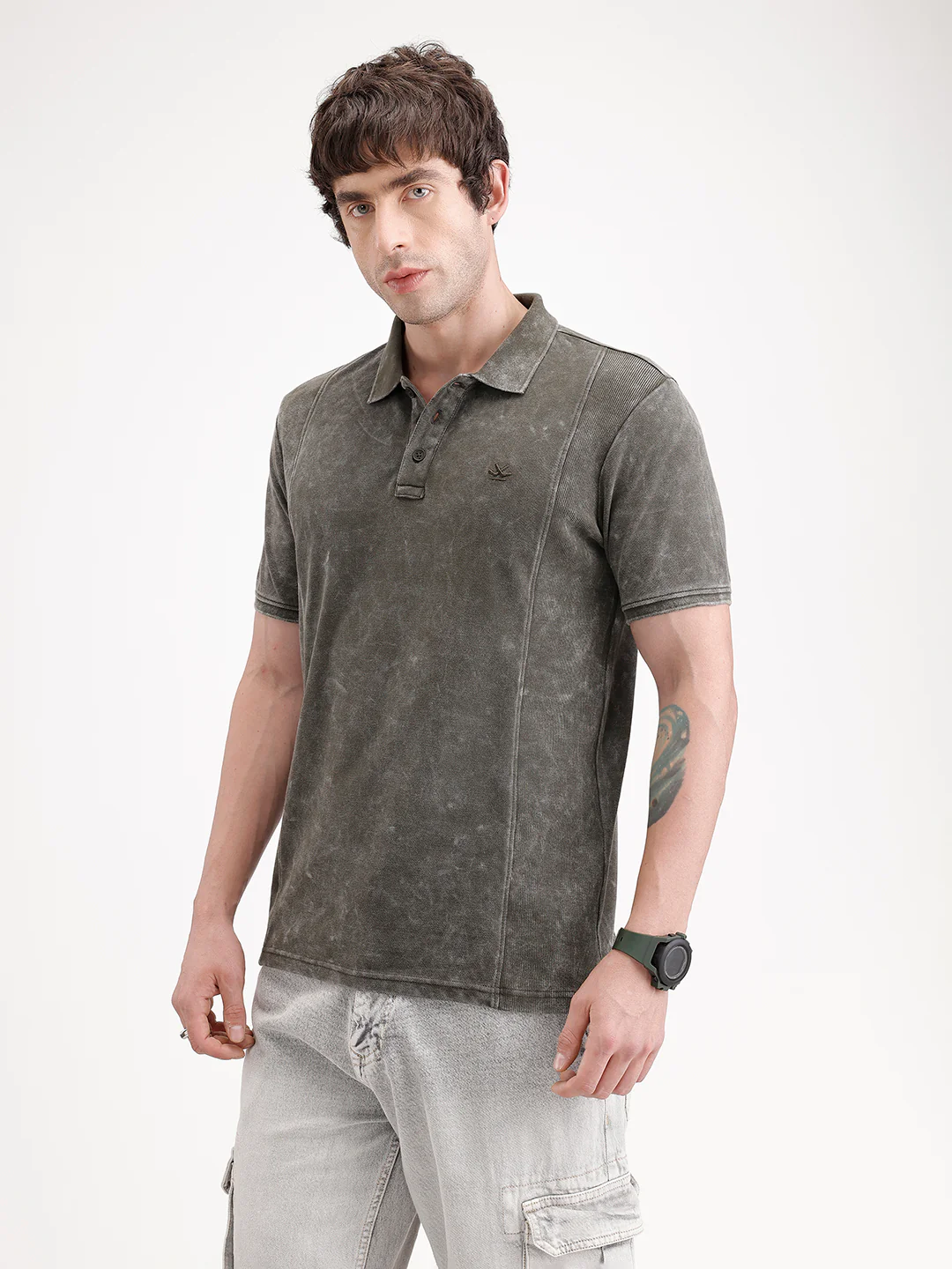 Slim Fit Washed Cut & Sew Polo T-Shirt | Olive - Image 4
