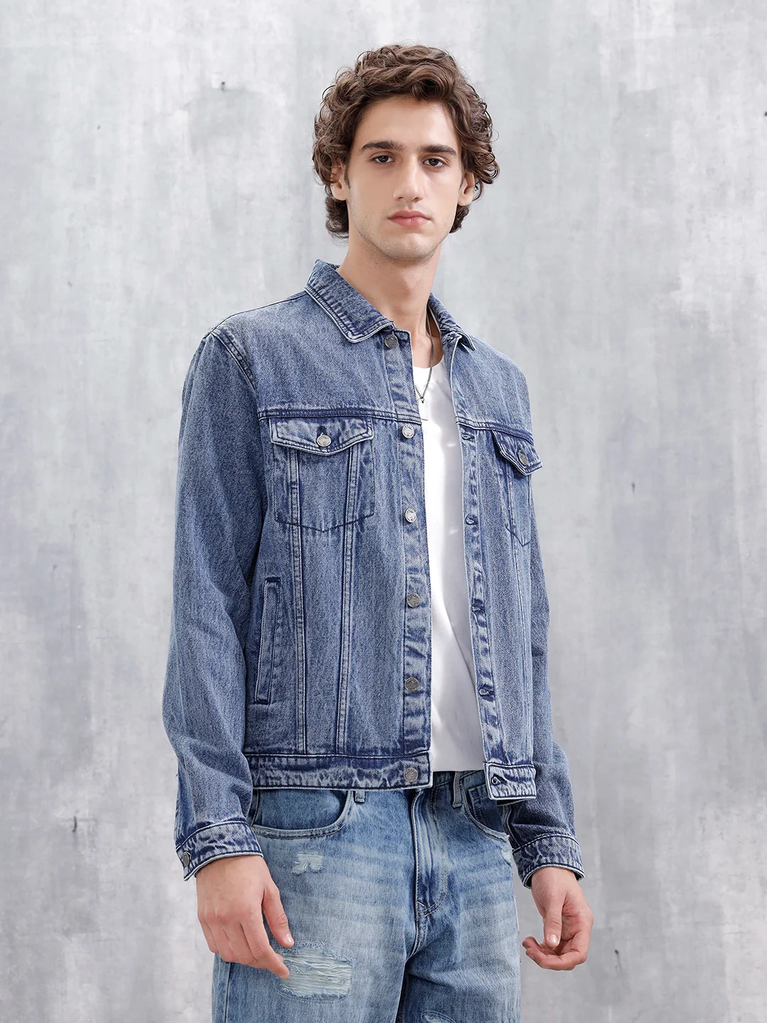 Slim Fit Wrogn Appliqued Denim Jacket  | Med Stone - Image 4