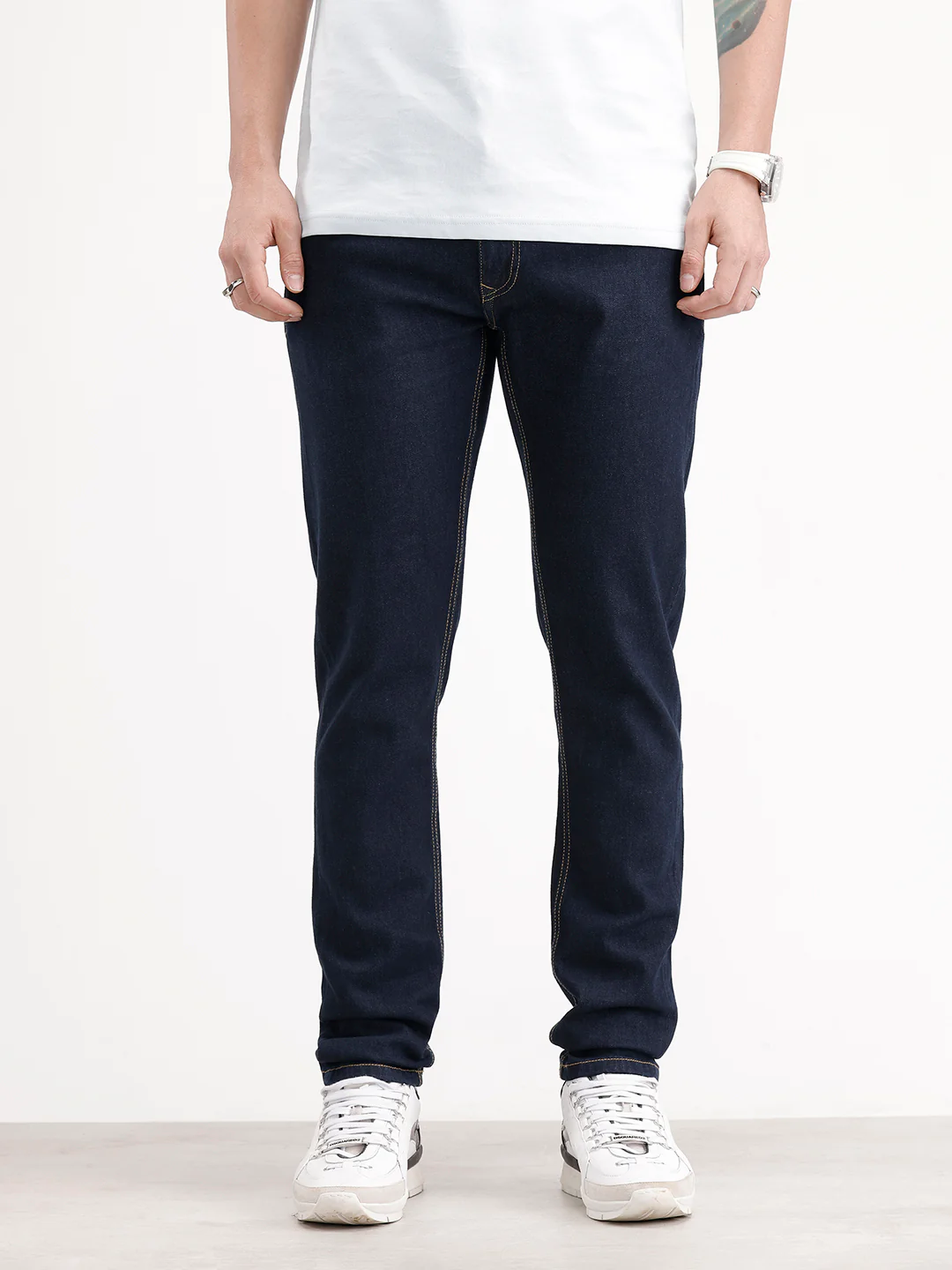 Slim Tapered Washed Denim Jeans | Dark Blue - Image 4