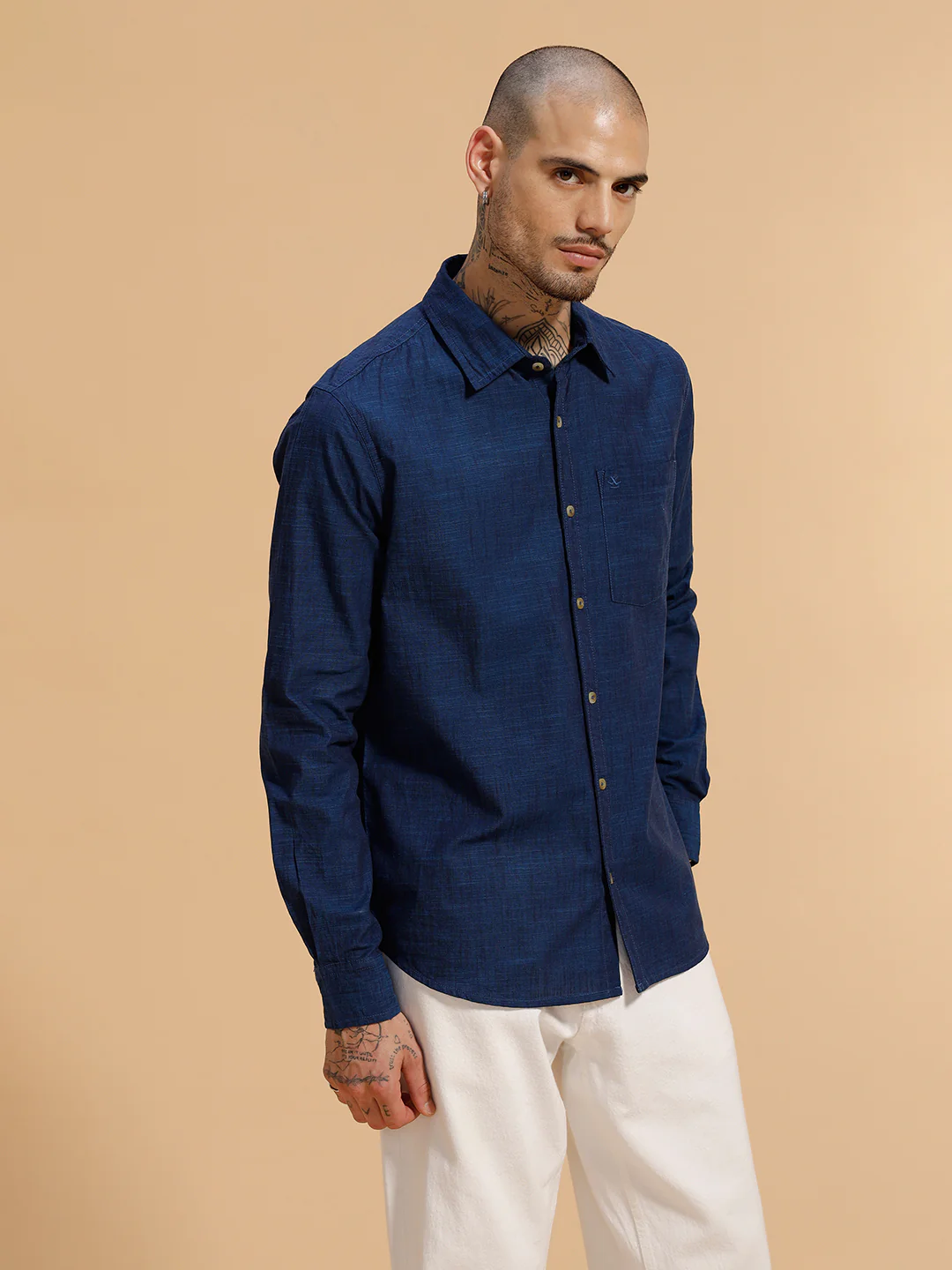 Slub Textured Cotton Shirt | Dark Blue - Image 4