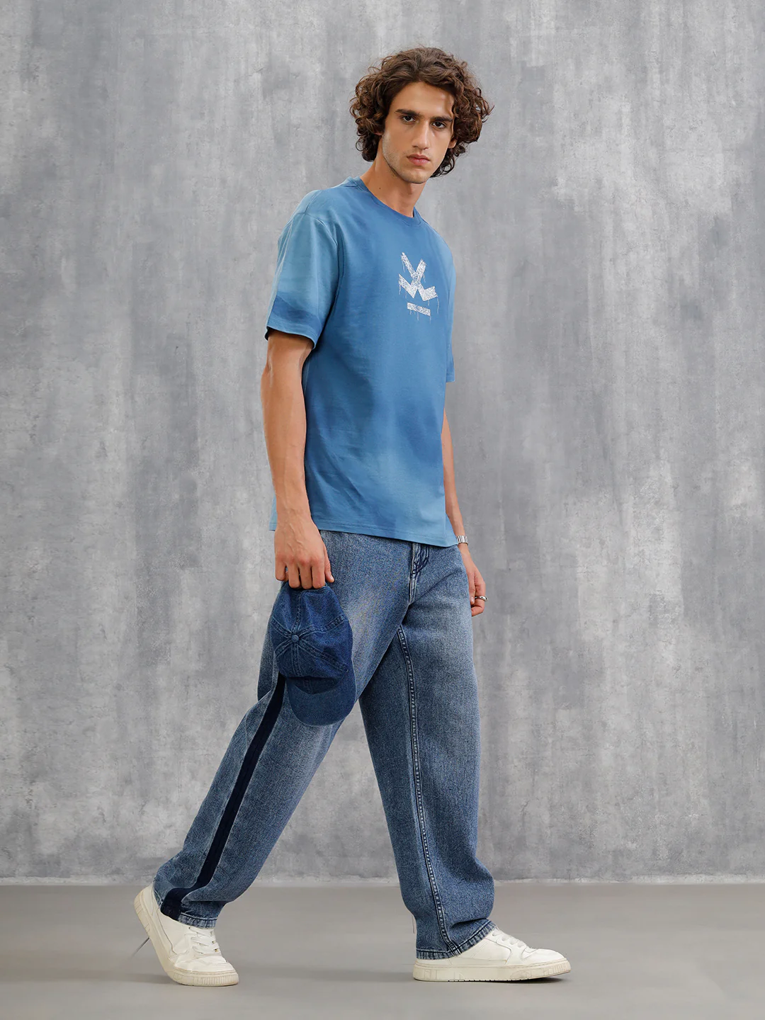 Smokey Pigment Spray With Grunge Logo Print Oversized Crew Neck T-Shirt | Blue - Image 2