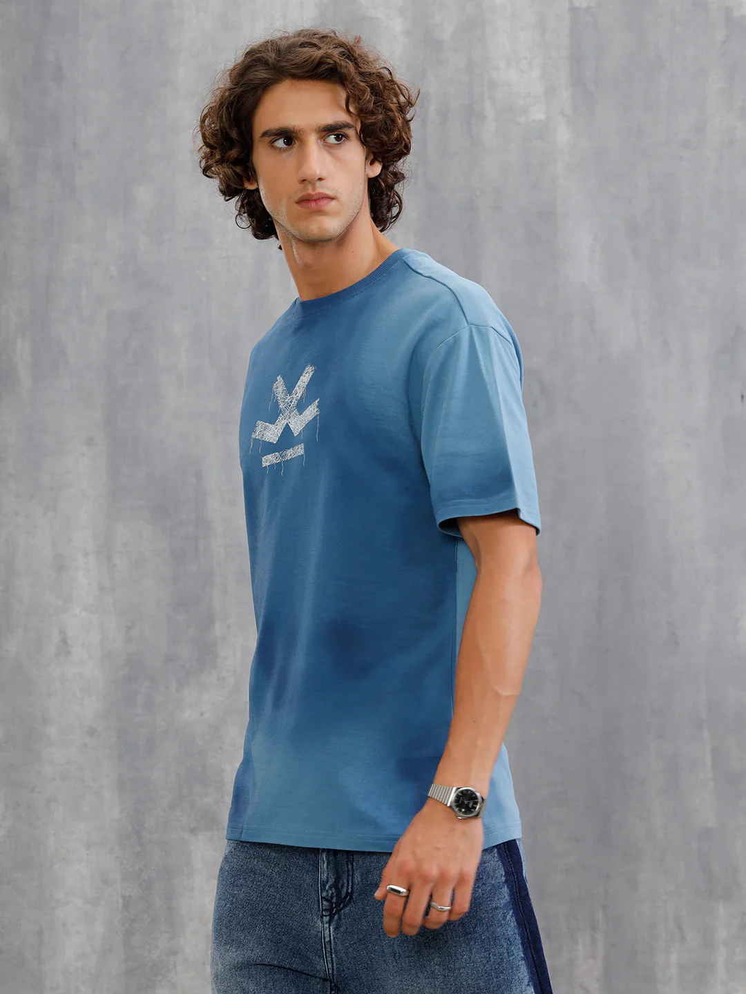 Smokey Pigment Spray With Grunge Logo Print Oversized Crew Neck T-Shirt | Blue - Image 5