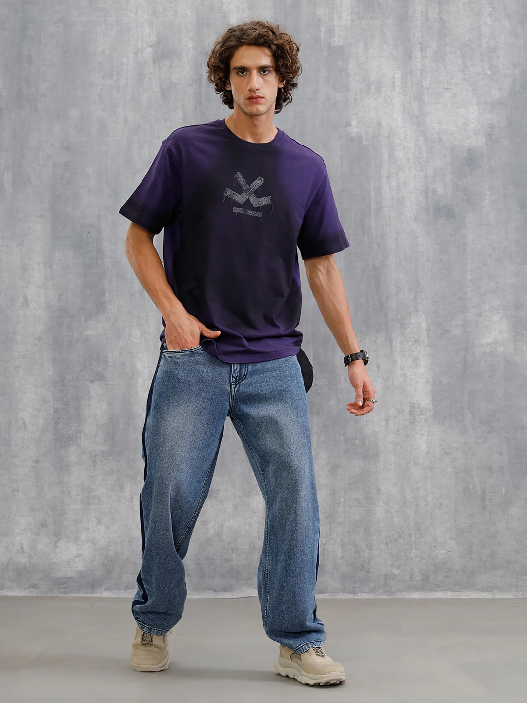 Smokey Pigment Spray With Grunge Logo Print Oversized Crew Neck T-Shirt | Purple - Image 2