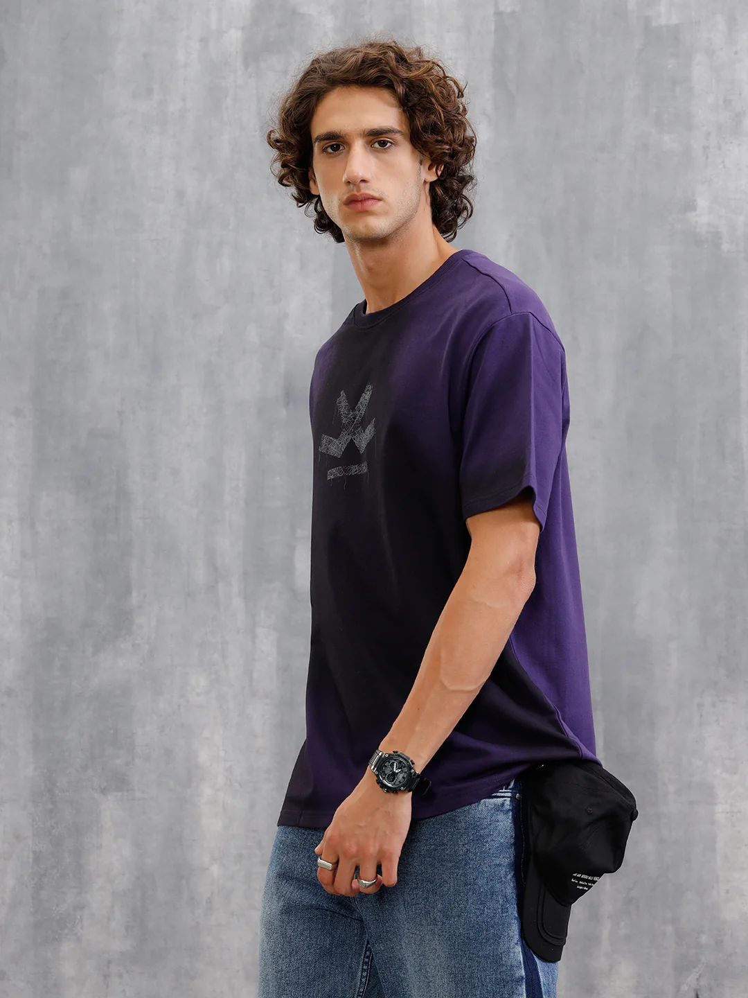 Smokey Pigment Spray With Grunge Logo Print Oversized Crew Neck T-Shirt | Purple - Image 5
