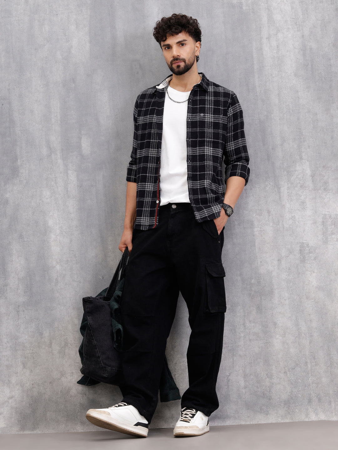 Soft Hand Brushed Check Shirt In Crepe Yarn | Black - Image 2