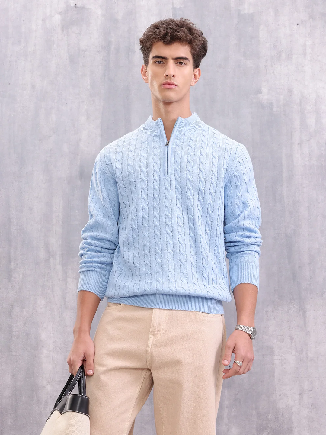 Soft Pastel Blue Cable Knit Half Zipper Pullover | Light Blue - Image 2