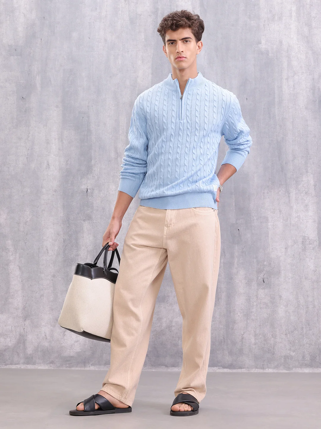 Soft Pastel Blue Cable Knit Half Zipper Pullover | Light Blue - Image 3