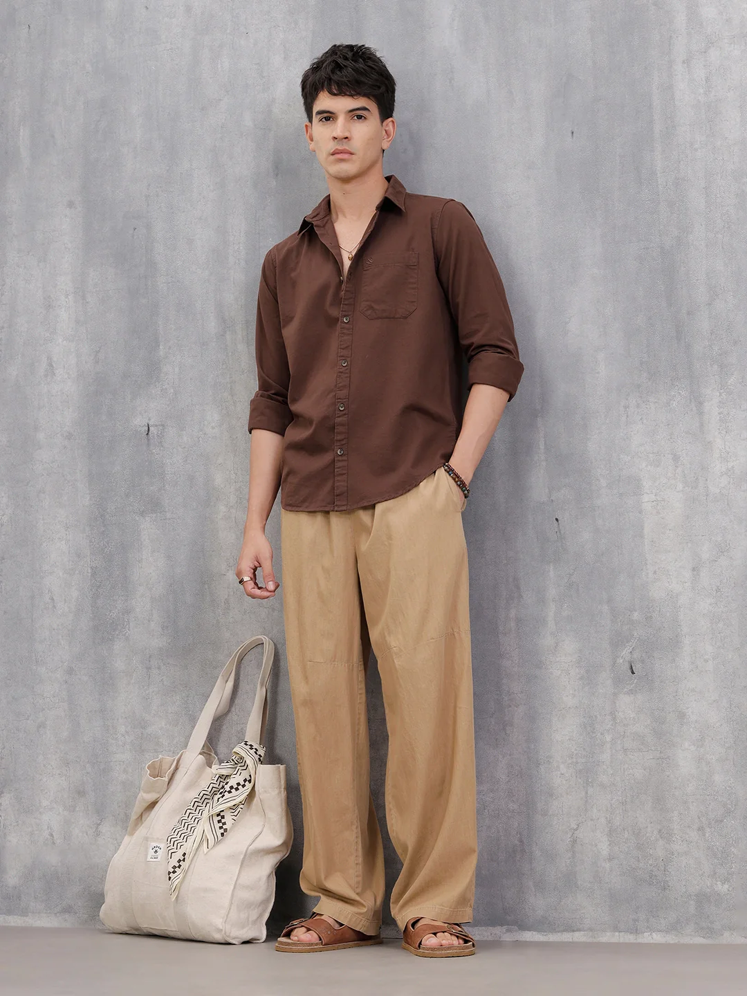 Solid 100%Cotton Regular Fit Shirt |  Brown - Image 2