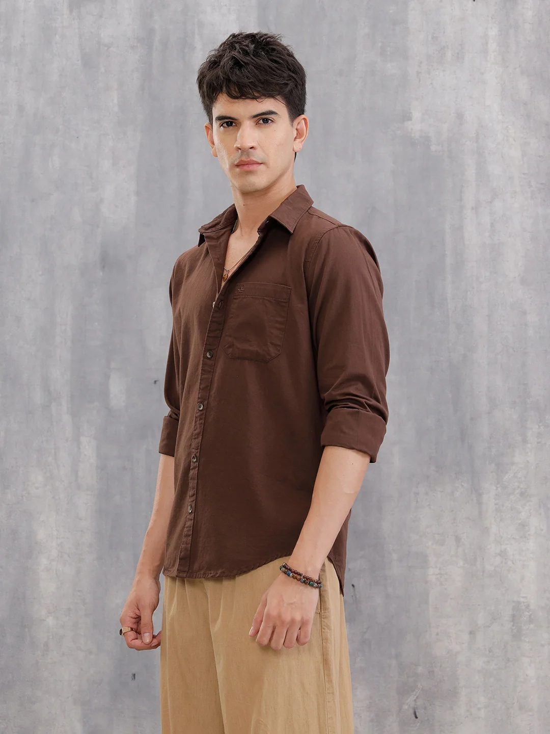 Solid 100%Cotton Regular Fit Shirt |  Brown - Image 5