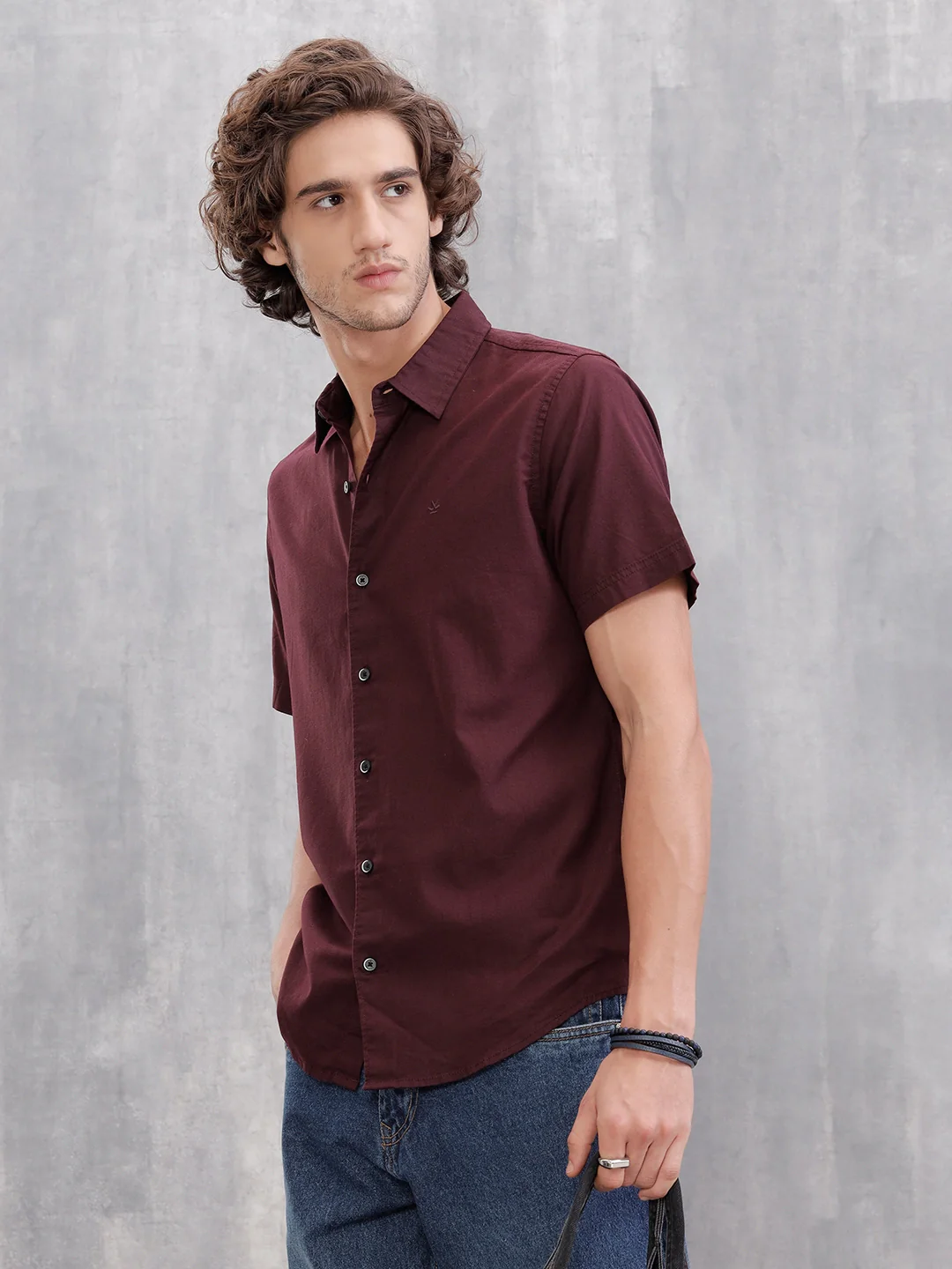 Solid 100%Cotton Regular Fit Shirt | Maroon - Image 4