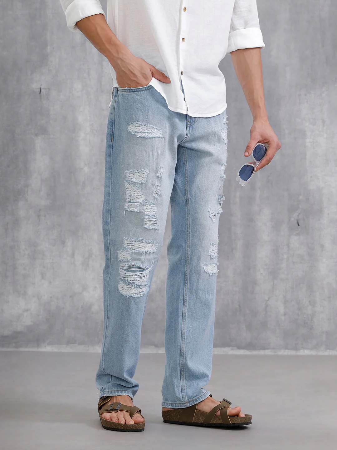 Solid Anti Fit Distressed Jeans | Light Blue - Image 5