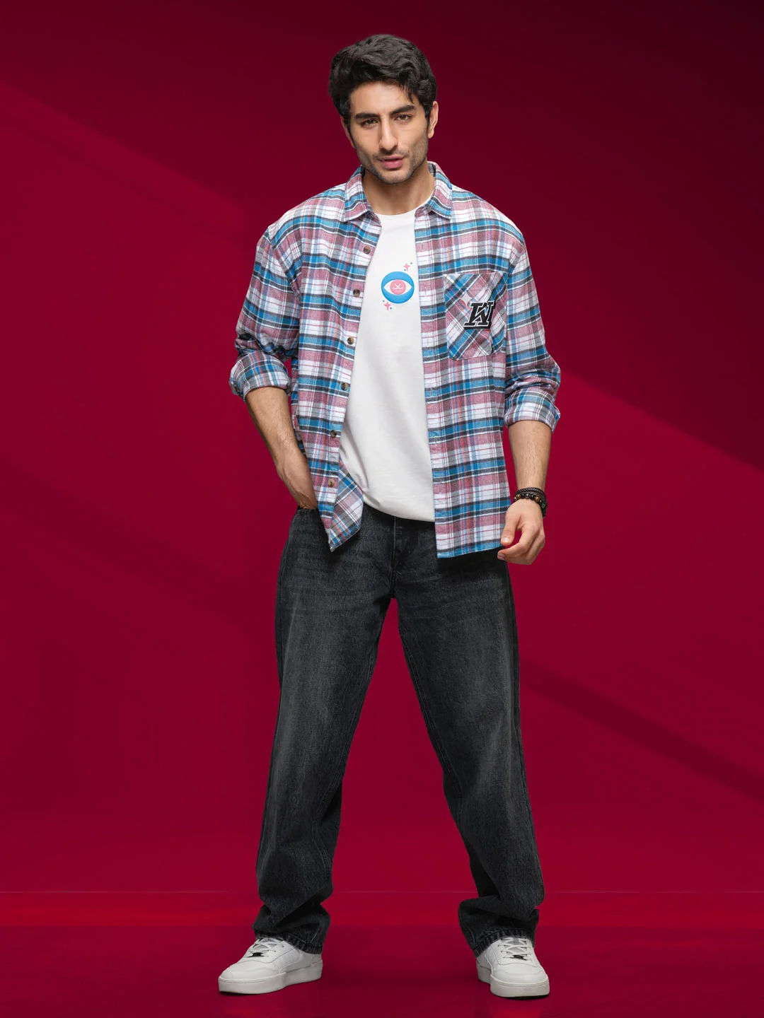Textured Checkered Patchwork Shirt | Blue - Image 2