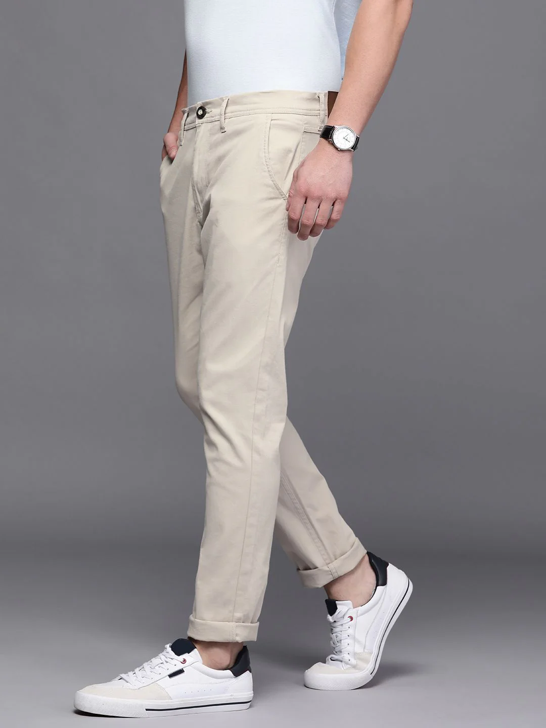 Solid Beige Tapered Fit Trousers - Image 2