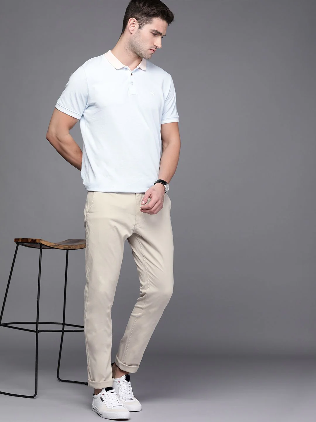 Solid Beige Tapered Fit Trousers - Image 4