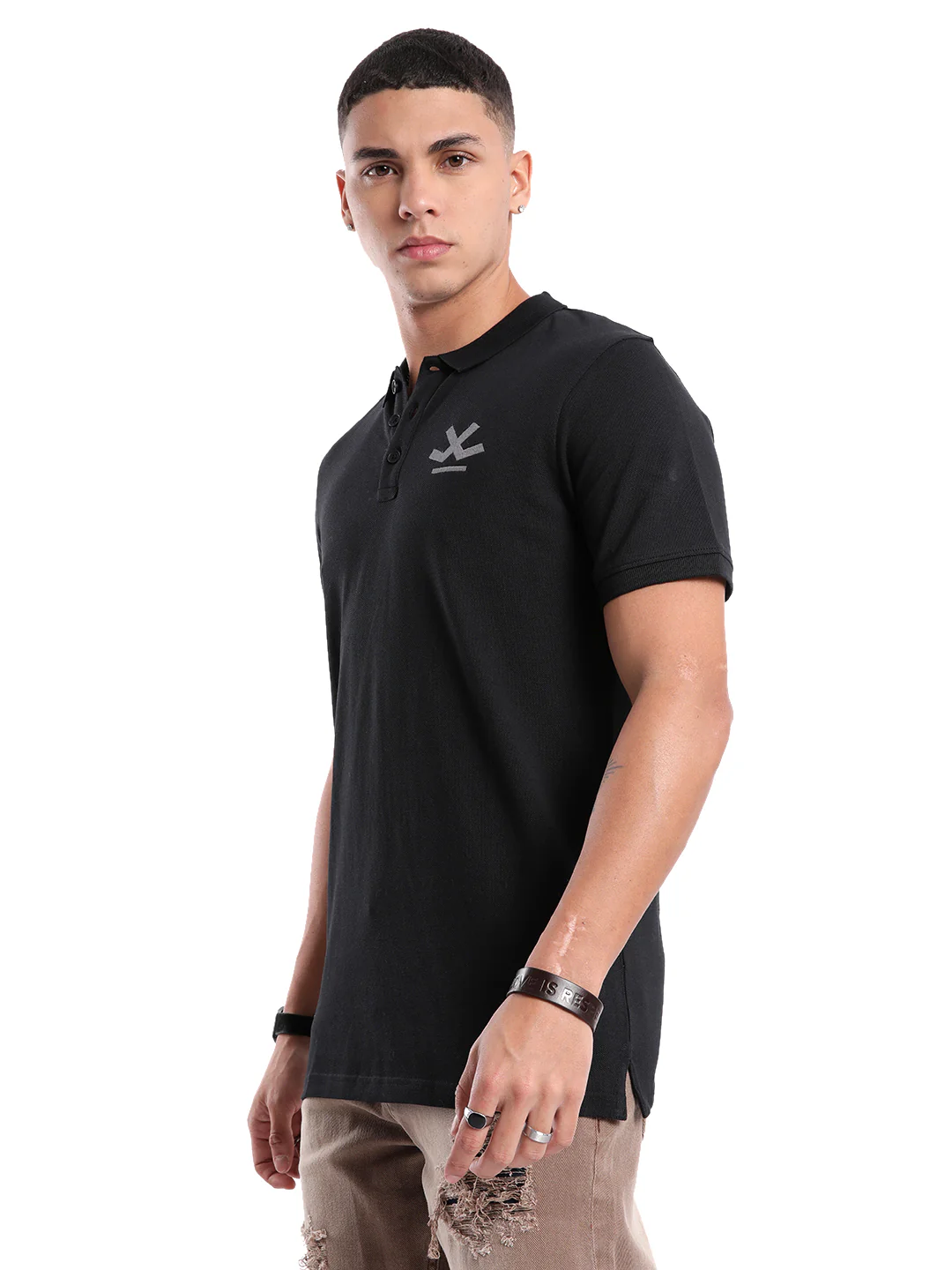 Solid Black Logo Embroidered Polo T-Shirt - Image 4
