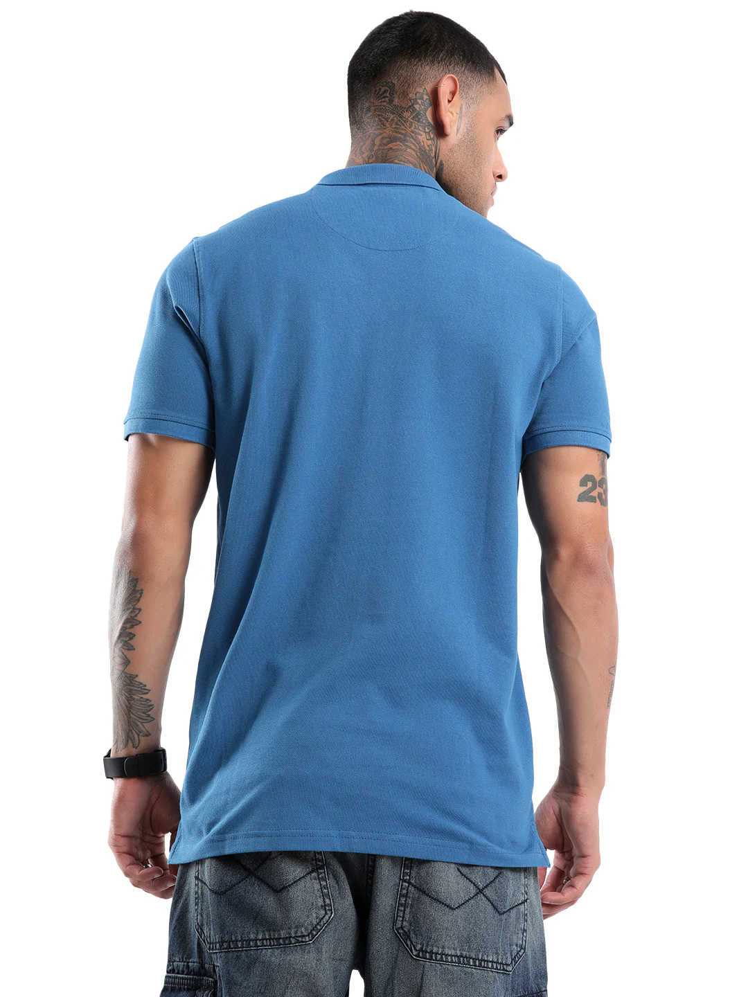Solid Blue Pique Polo T-Shirt - Image 4