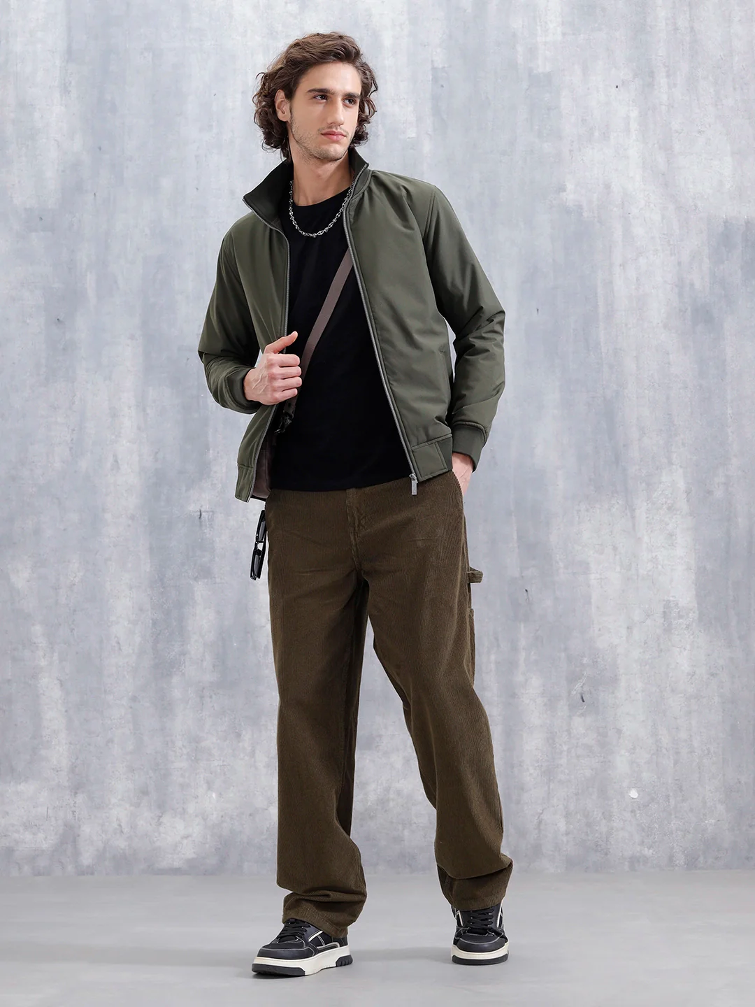 Solid Casual Slim Fit Bomber Jacket | Olive - Image 2