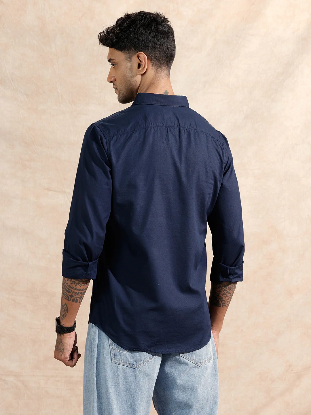 Solid Cotton Slub Shirt  | Navy Blue - Image 3