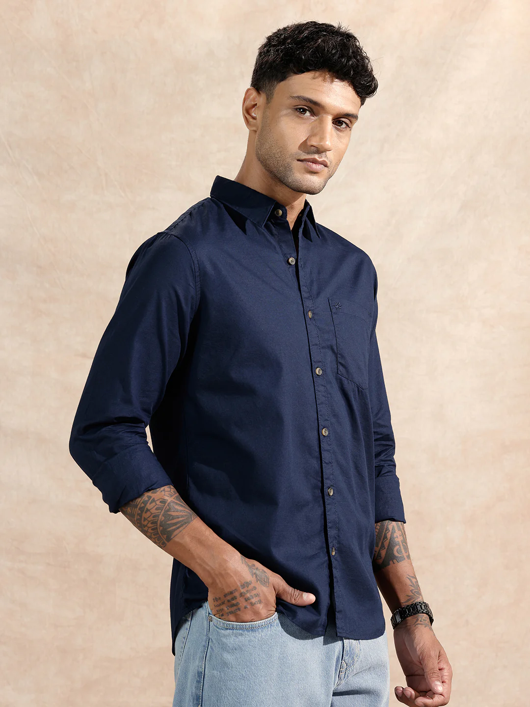 Solid Cotton Slub Shirt  | Navy Blue - Image 4