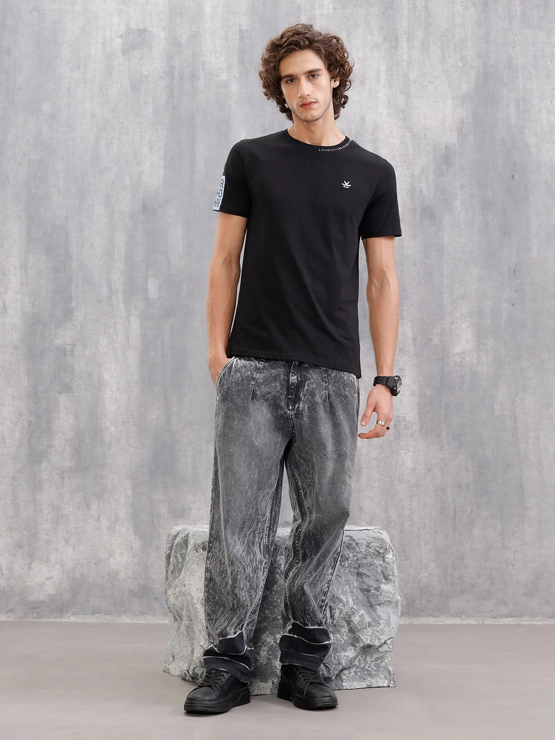 Solid Crew Neck With Contrast Stitch And Print Detail  |  Black - Image 2