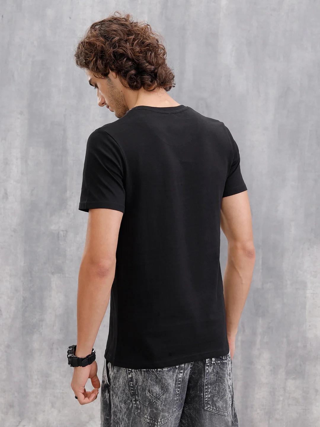 Solid Crew Neck With Contrast Stitch And Print Detail  |  Black - Image 3