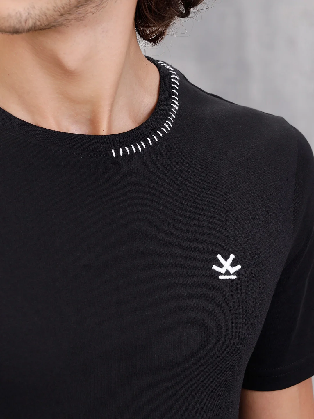 Solid Crew Neck With Contrast Stitch And Print Detail  |  Black - Image 4