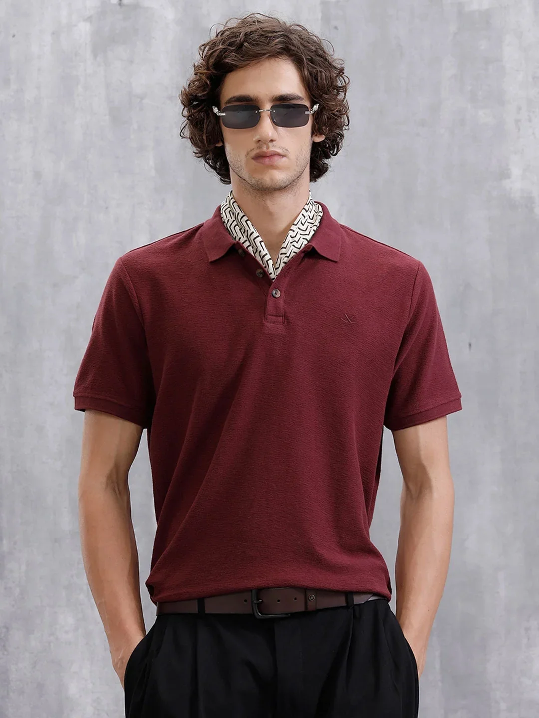 Solid Crinkle Texture Polo T-Shirt | Maroon - Image 4