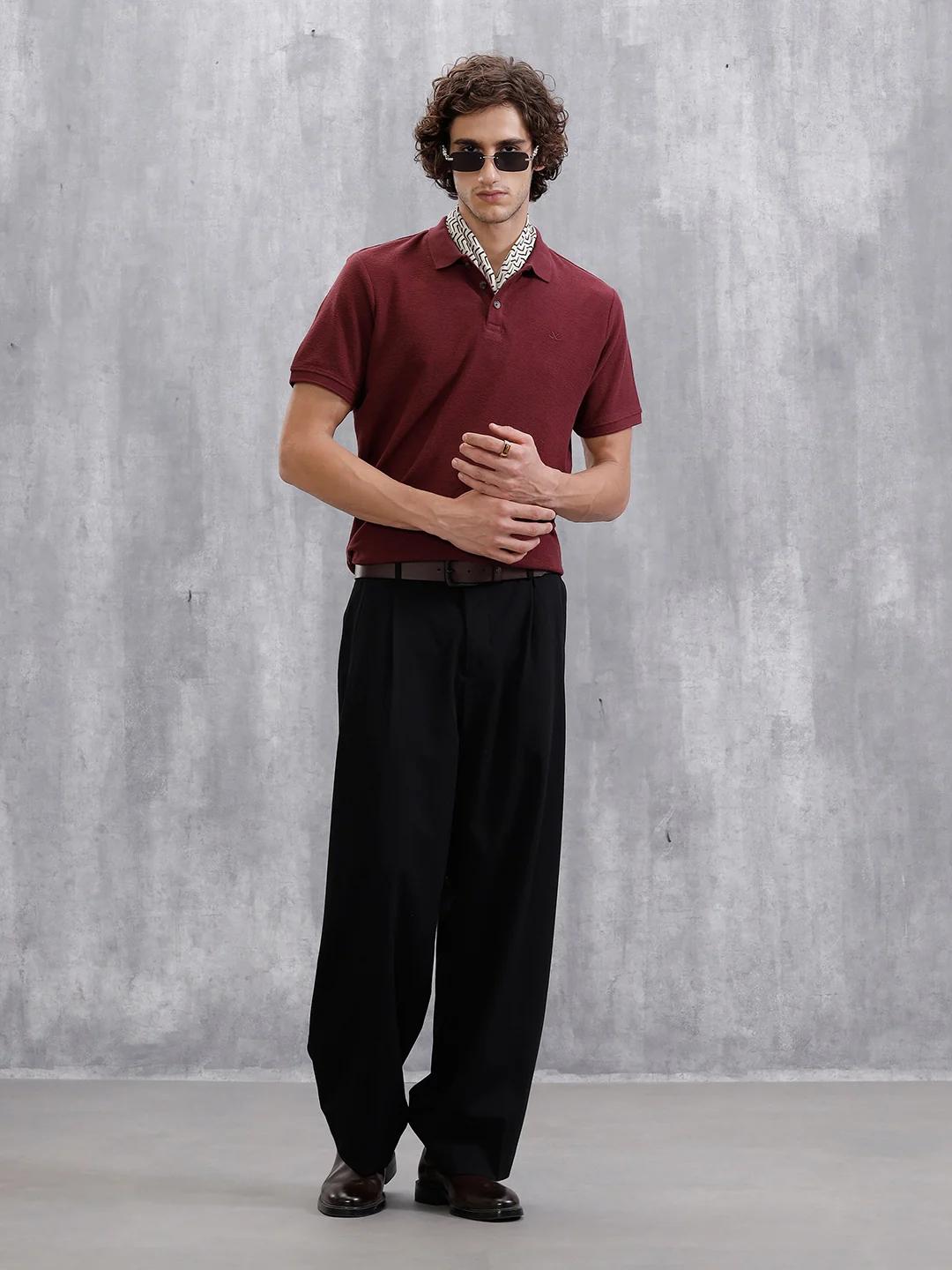 Solid Crinkle Texture Polo T-Shirt | Maroon - Image 5