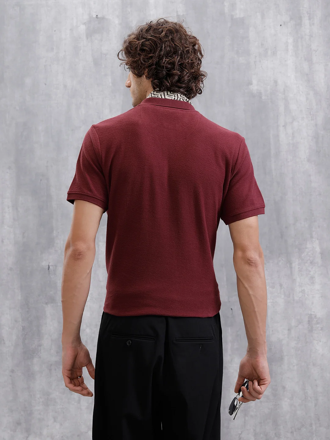 Solid Crinkle Texture Polo T-Shirt | Maroon - Image 6